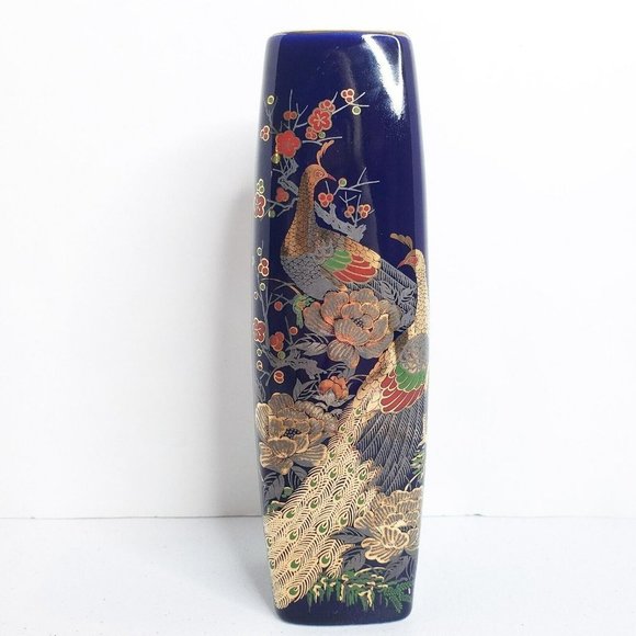 Other - VINTAGE Blue Gold Oriental Flower Vase Peacock Japan Grandmillennial Decor